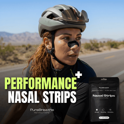 PureBreathe Performance+ Nasal Strips by PureBreathe Revixa Tape shown on nose, designed to improve airflow and breathing.