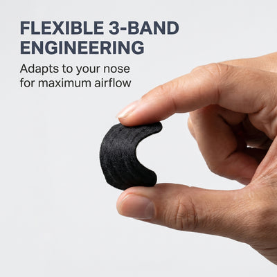 Hand holding a black flexible nose clip with text about flexible 3-band engineering on a light gray background