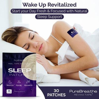 PureBreathe Revixa Sleep Patches applied to skin, designed for improved sleep and relaxation in a natural wellness setting.