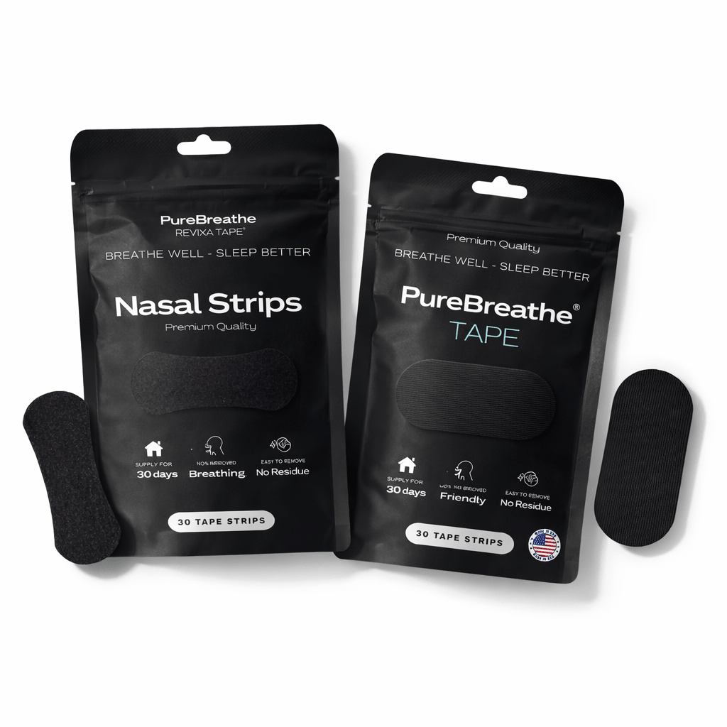 Purebreathe Revixa nasal strips and mouth tape bundle for better sleep, shown with packaging and application tools.